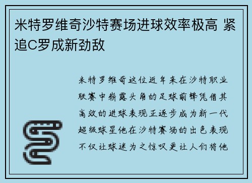 米特罗维奇沙特赛场进球效率极高 紧追C罗成新劲敌 米特罗维奇沙特赛场进球效率极高 紧追C罗成新劲敌